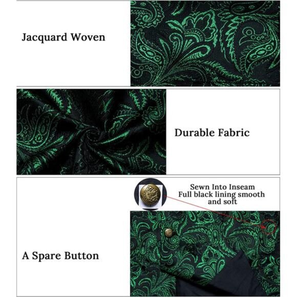 Men's Formal Waistcoat Vest Fit Green Black - Picture 4 of 5